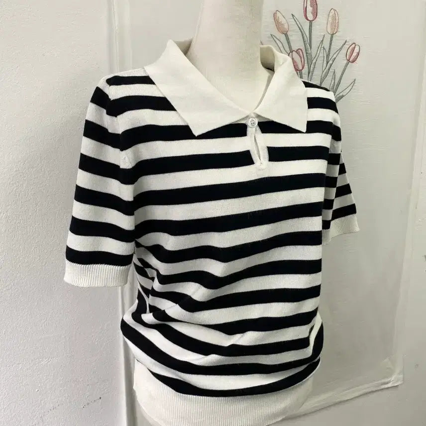 [BUNJANG] 8 Seconds Striped Collar Short Sleeve Knit Top / 에잇세컨즈 스트라이프  카라 반팔 니트161