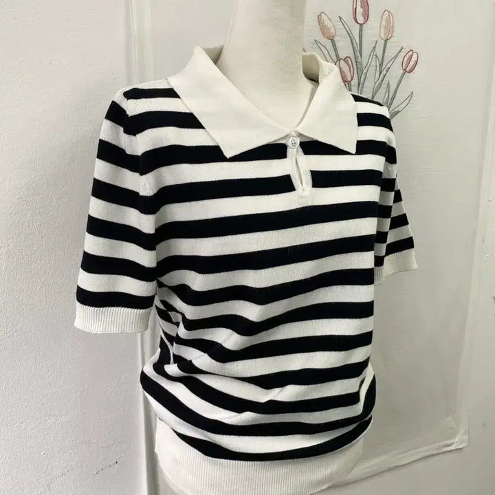 [BUNJANG] 8 Seconds Striped Collar Short Sleeve Knit Top / 에잇세컨즈 스트라이프  카라 반팔 니트161