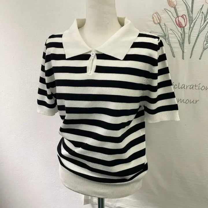 [BUNJANG] 8 Seconds Striped Collar Short Sleeve Knit Top / 에잇세컨즈 스트라이프  카라 반팔 니트161