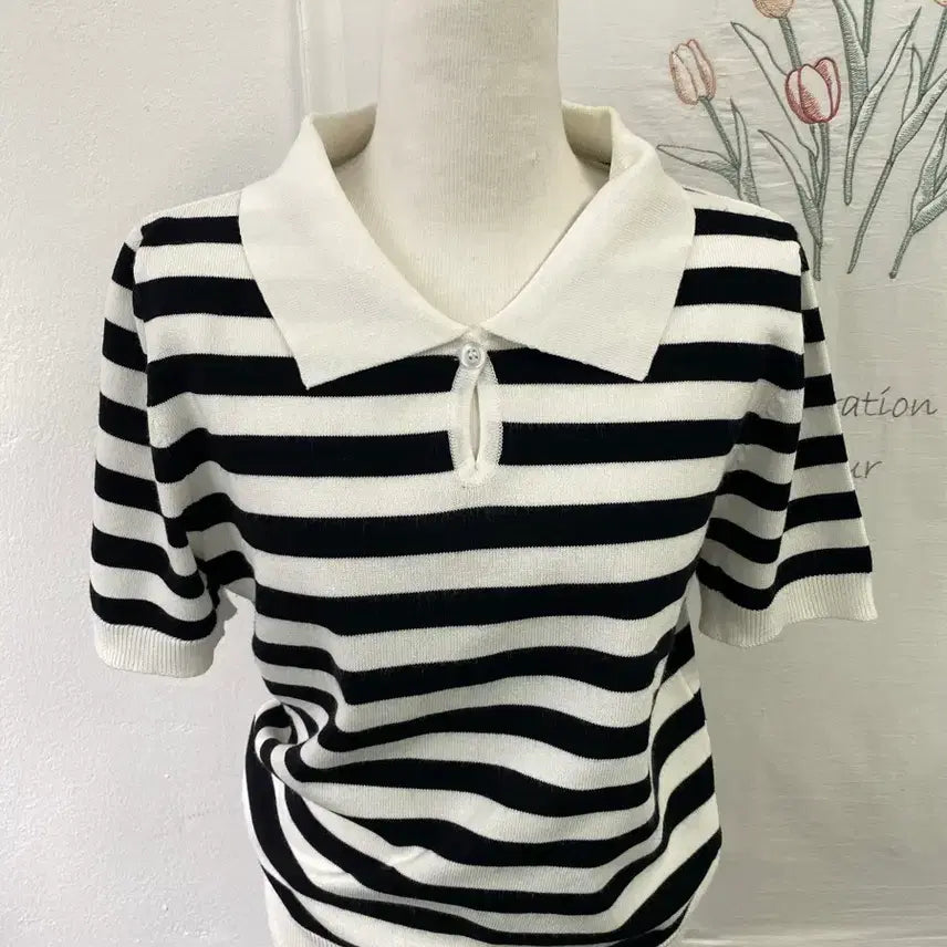 [BUNJANG] 8 Seconds Striped Collar Short Sleeve Knit Top / 에잇세컨즈 스트라이프  카라 반팔 니트161