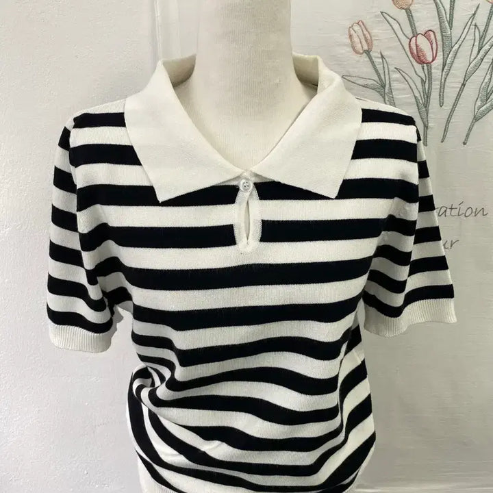 [BUNJANG] 8 Seconds Striped Collar Short Sleeve Knit Top / 에잇세컨즈 스트라이프  카라 반팔 니트161