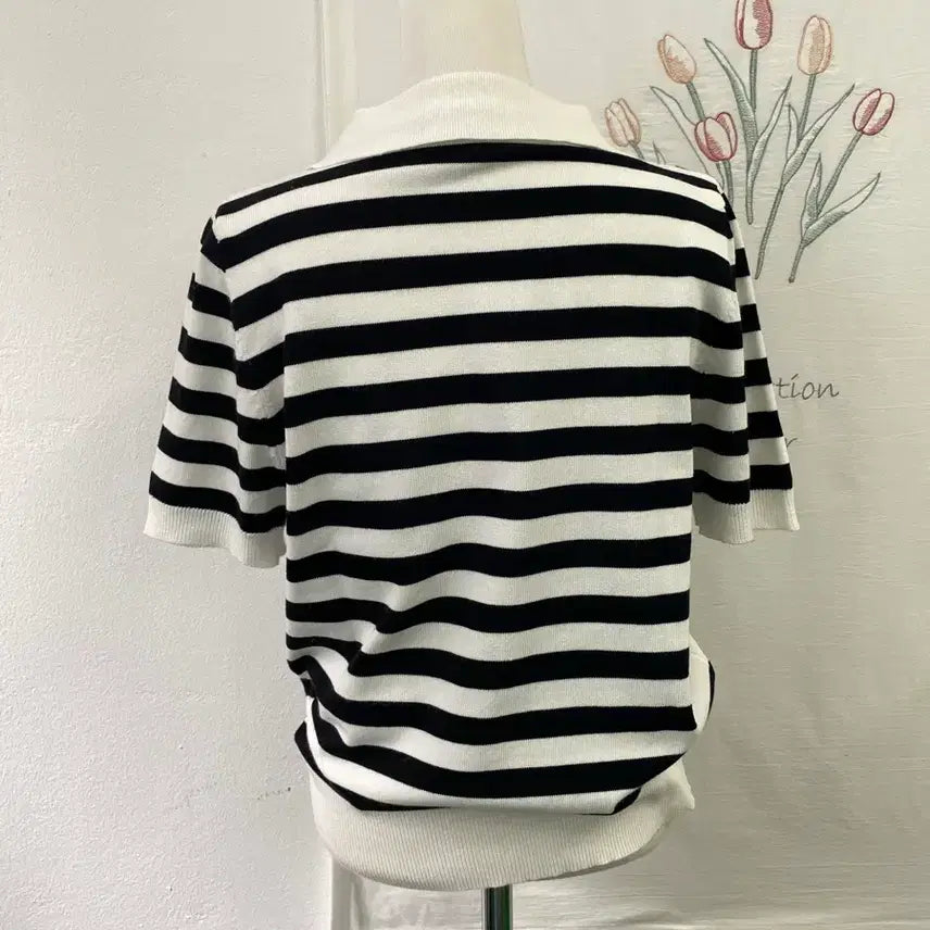 [BUNJANG] 8 Seconds Striped Collar Short Sleeve Knit Top / 에잇세컨즈 스트라이프  카라 반팔 니트161