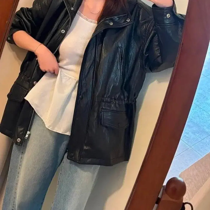 [BUNJANG] Eco Half String Leather Jacket / 에코 하프 스트링 레더자켓/고퀄리티