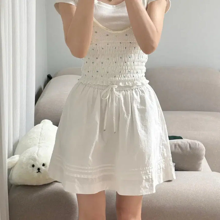 [BUNJANG] Depound Ribbon Shirring Bending Skirt White / 드파운드 리본 셔링 밴딩 스커트 화이트