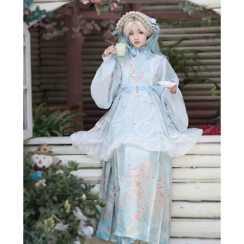 [BUNJANG] Lolita Style Set / 로리타 스타일 셔츠+마면치마+ 오버스커트+ 웨이스트 체인 세트(2컬러)