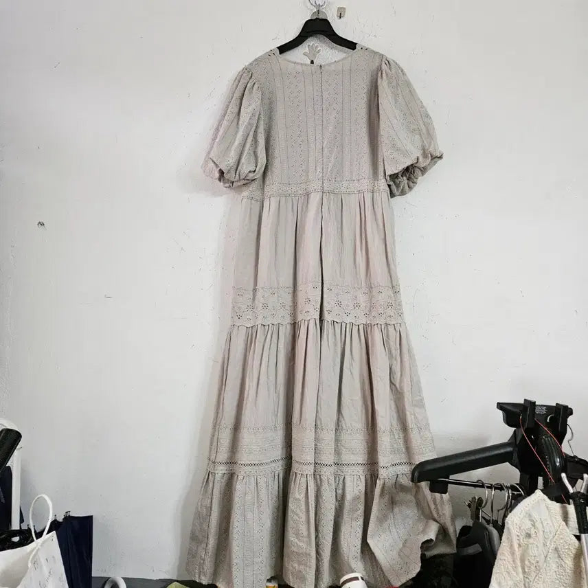 [BUNJANG] Punch Lace Long Dress Puff Short Sleeve / 펀칭 레이스 롱 원피스 퍼프 반팔55