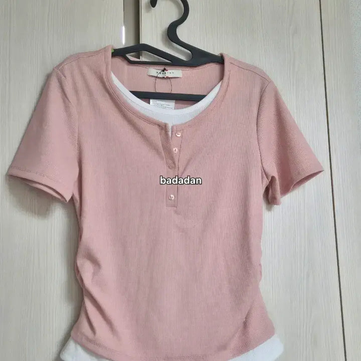 [BUNJANG] Hangten Layered Henry Neck Shirring Short Sleeve T-Shirt / (새상품) 레이어드 헨리넥 셔링 반팔 티셔츠