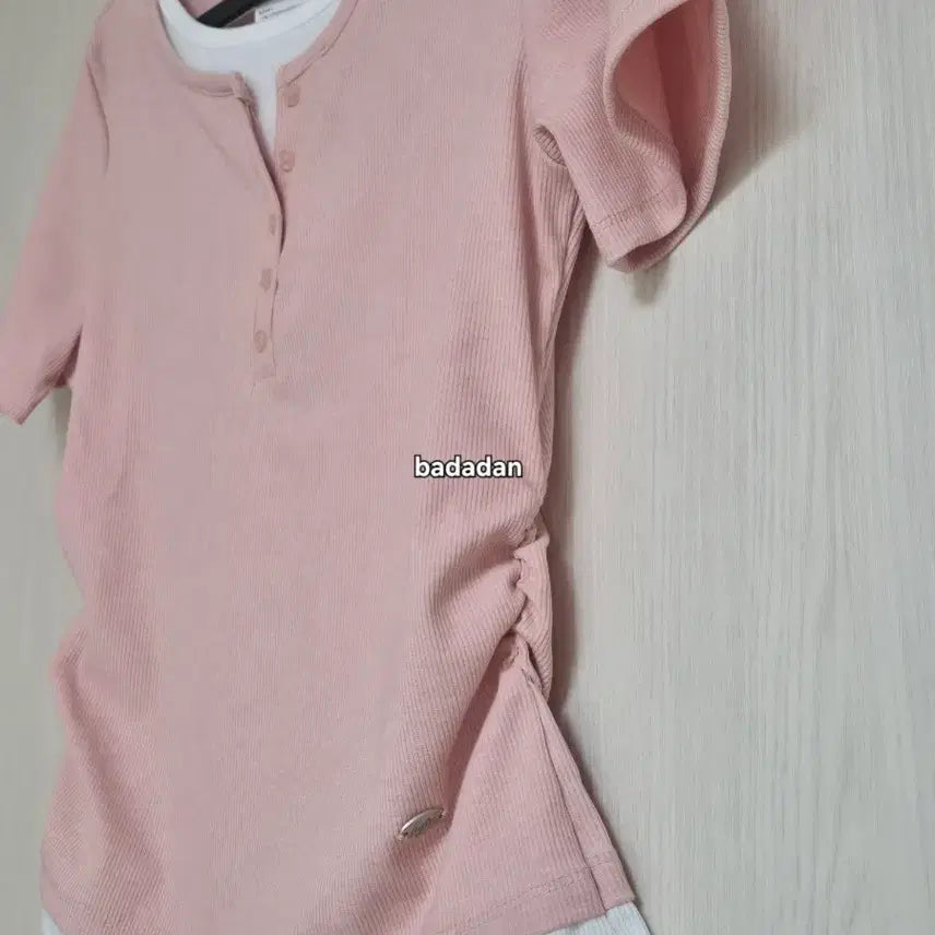 [BUNJANG] Hangten Layered Henry Neck Shirring Short Sleeve T-Shirt / (새상품) 레이어드 헨리넥 셔링 반팔 티셔츠