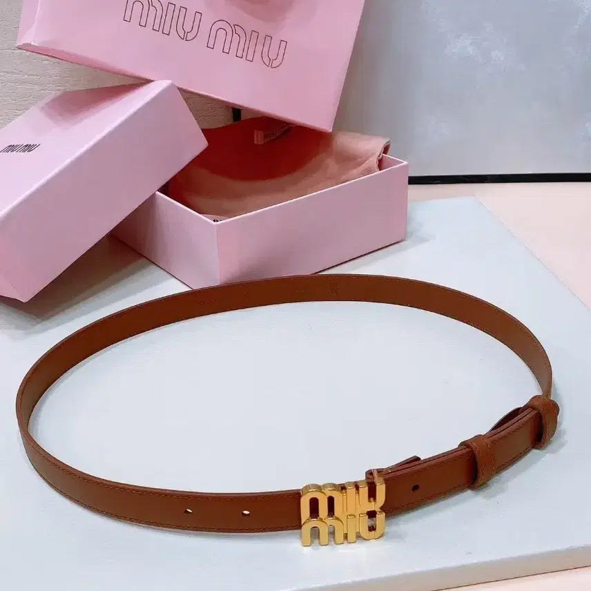 [BUNJANG] Miu Miu Coffee Leather Metal Logo Buckle Belt 80 (2.0cm Width) / 미우미우 메탈 로고 버클이 달린 커피색 여성 벨트 80(폭 2.0cm)