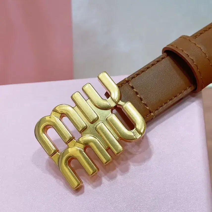 [BUNJANG] Miu Miu Coffee Leather Metal Logo Buckle Belt 80 (2.0cm Width) / 미우미우 메탈 로고 버클이 달린 커피색 여성 벨트 80(폭 2.0cm)