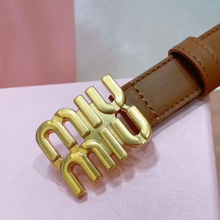 [BUNJANG] Miu Miu Coffee Leather Metal Logo Buckle Belt 80 (2.0cm Width) / 미우미우 메탈 로고 버클이 달린 커피색 여성 벨트 80(폭 2.0cm)