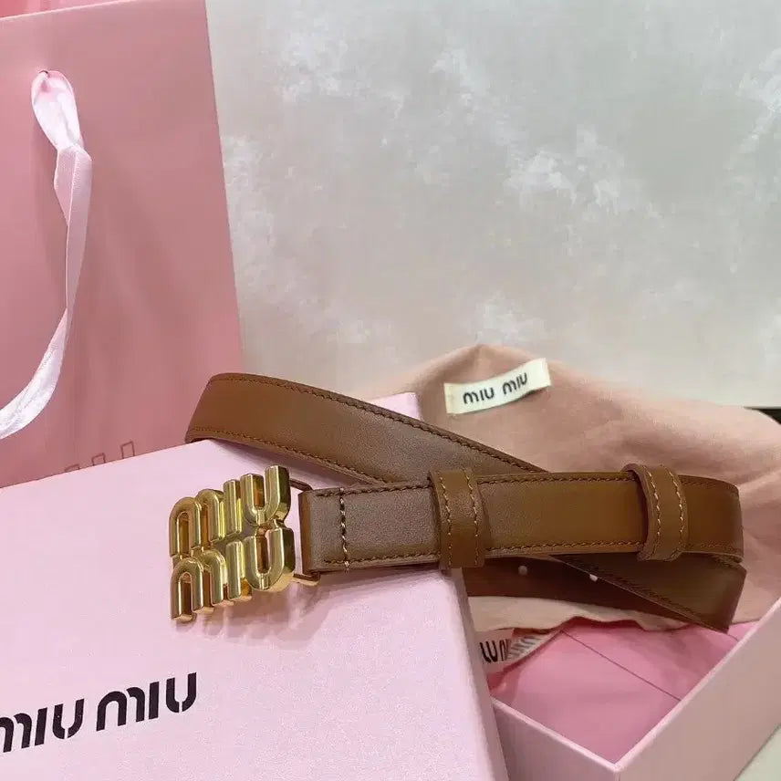 [BUNJANG] Miu Miu Coffee Leather Metal Logo Buckle Belt 80 (2.0cm Width) / 미우미우 메탈 로고 버클이 달린 커피색 여성 벨트 80(폭 2.0cm)