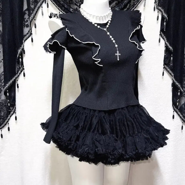 [BUNJANG] Romantic Goth Lolita Ruffle Shoulder Cutout Top / 로맨틱갸루 고딕 고스로리 프릴 러플 숄더트임 로걀탑 공겜여주 핀터 세라