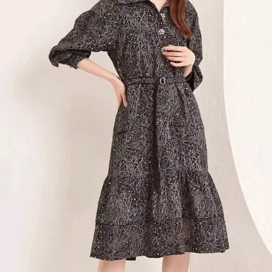 [BUNJANG] Patterned Shirt Collar Belted Midi Dress / 패턴 셔츠 칼라 벨티드 원피스