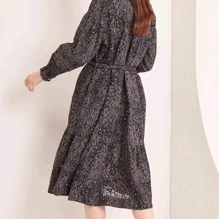[BUNJANG] Patterned Shirt Collar Belted Midi Dress / 패턴 셔츠 칼라 벨티드 원피스