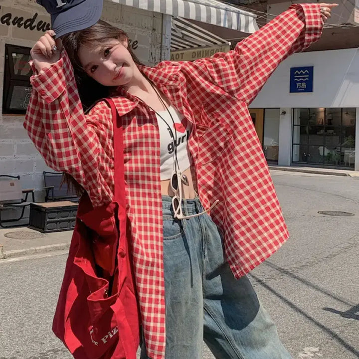[BUNJANG] Red Check Loose Fit Shirt / 레드체크루즈핏셔츠