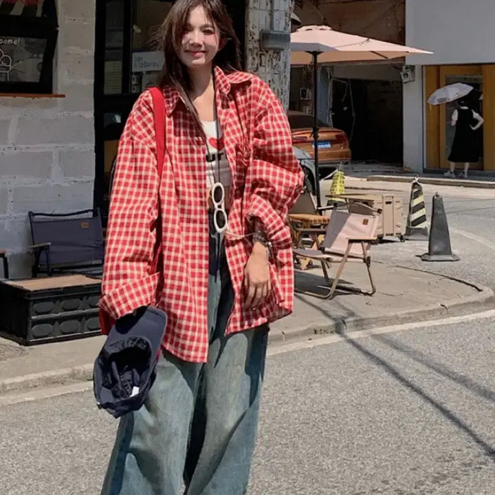 [BUNJANG] Red Check Loose Fit Shirt / 레드체크루즈핏셔츠