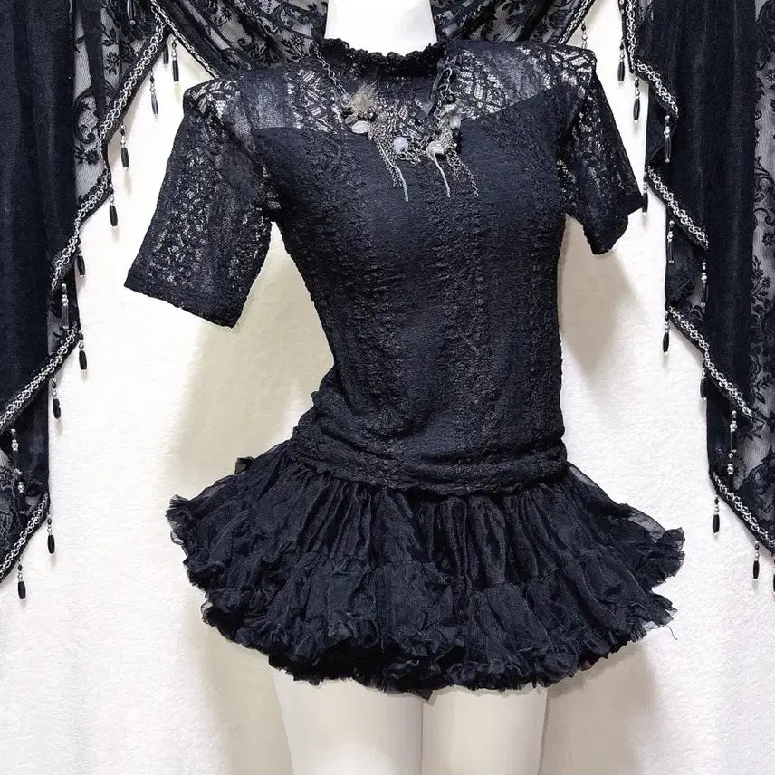 [BUNJANG] Romantic Gothic Lace See-Through Top / 로맨틱고딕 고스로리 펑크 레이스 시스루 반팔탑 오네갸루 아게하 미사 세라