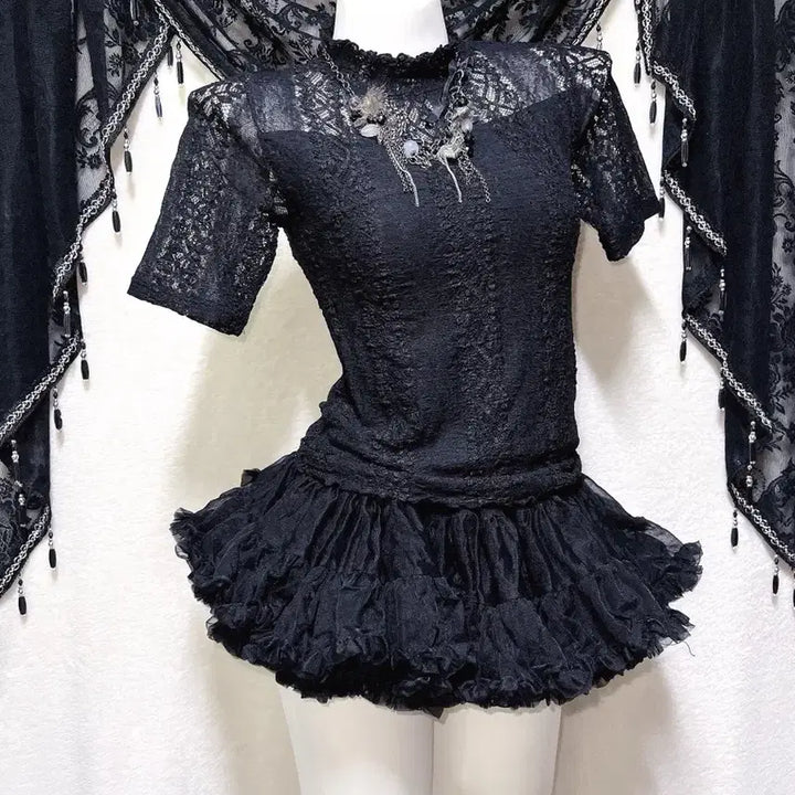 [BUNJANG] Romantic Gothic Lace See-Through Top / 로맨틱고딕 고스로리 펑크 레이스 시스루 반팔탑 오네갸루 아게하 미사 세라