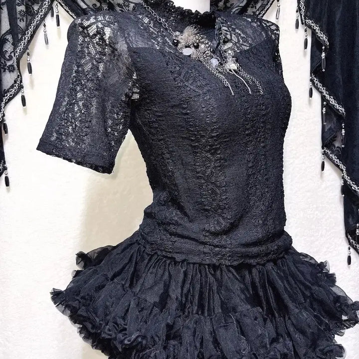 [BUNJANG] Romantic Gothic Lace See-Through Top / 로맨틱고딕 고스로리 펑크 레이스 시스루 반팔탑 오네갸루 아게하 미사 세라