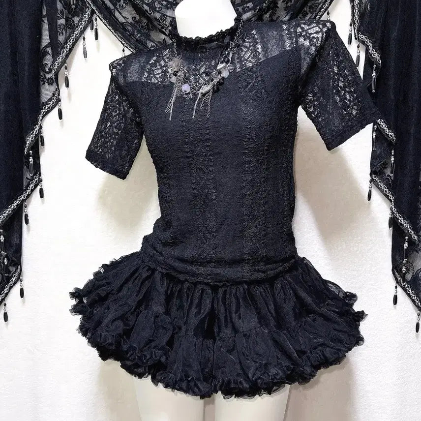 [BUNJANG] Romantic Gothic Lace See-Through Top / 로맨틱고딕 고스로리 펑크 레이스 시스루 반팔탑 오네갸루 아게하 미사 세라