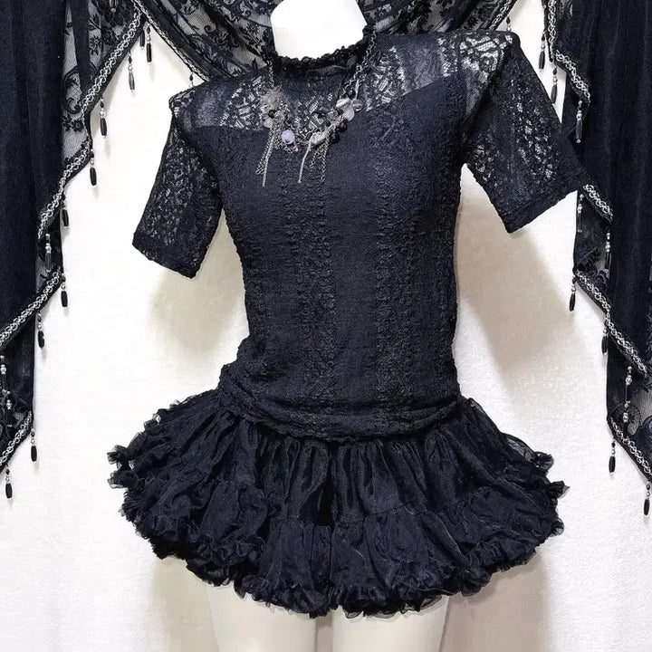 [BUNJANG] Romantic Gothic Lace See-Through Top / 로맨틱고딕 고스로리 펑크 레이스 시스루 반팔탑 오네갸루 아게하 미사 세라