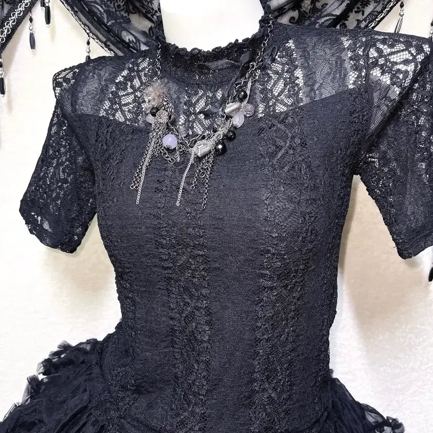 [BUNJANG] Romantic Gothic Lace See-Through Top / 로맨틱고딕 고스로리 펑크 레이스 시스루 반팔탑 오네갸루 아게하 미사 세라
