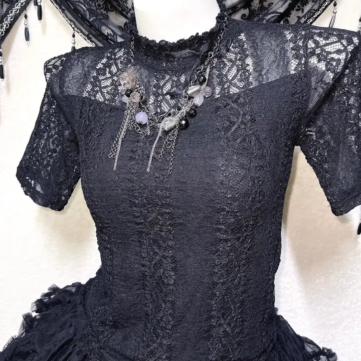 [BUNJANG] Romantic Gothic Lace See-Through Top / 로맨틱고딕 고스로리 펑크 레이스 시스루 반팔탑 오네갸루 아게하 미사 세라