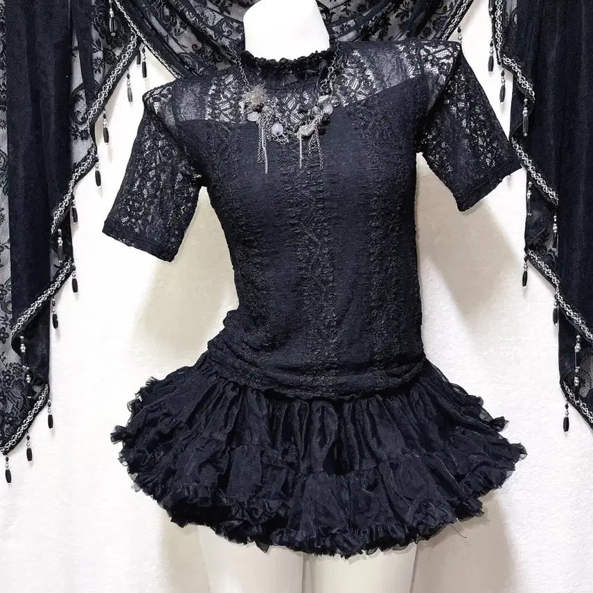[BUNJANG] Romantic Gothic Lace See-Through Top / 로맨틱고딕 고스로리 펑크 레이스 시스루 반팔탑 오네갸루 아게하 미사 세라