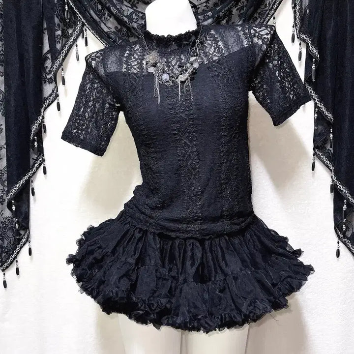 [BUNJANG] Romantic Gothic Lace See-Through Top / 로맨틱고딕 고스로리 펑크 레이스 시스루 반팔탑 오네갸루 아게하 미사 세라