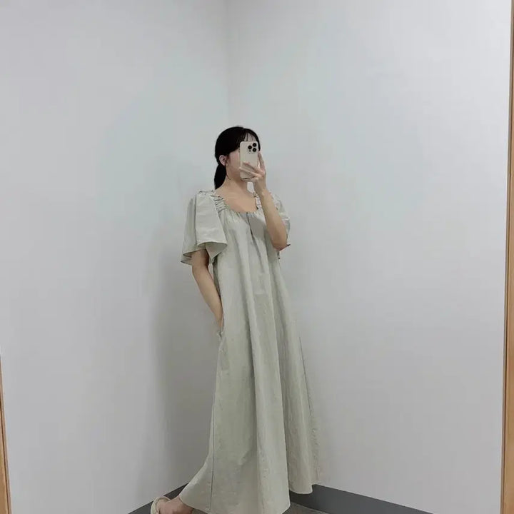 [BUNJANG] Square Neck Shirring Wing Sleeve Long Dress (Plus Size, Maternity Friendly) / 새상품 시원한 스퀘어넥 셔링 날개 반팔 롱 원피스 빅사이즈 임부복 가능