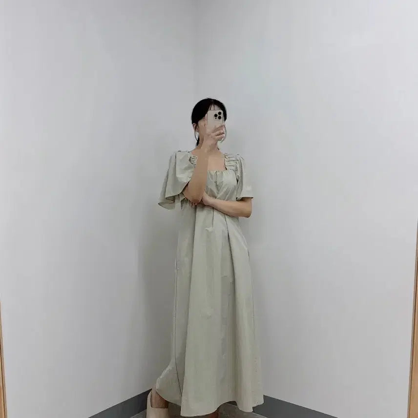 [BUNJANG] Square Neck Shirring Wing Sleeve Long Dress (Plus Size, Maternity Friendly) / 새상품 시원한 스퀘어넥 셔링 날개 반팔 롱 원피스 빅사이즈 임부복 가능