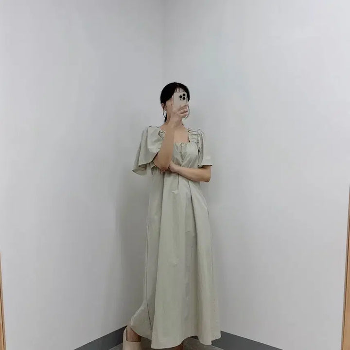 [BUNJANG] Square Neck Shirring Wing Sleeve Long Dress (Plus Size, Maternity Friendly) / 새상품 시원한 스퀘어넥 셔링 날개 반팔 롱 원피스 빅사이즈 임부복 가능