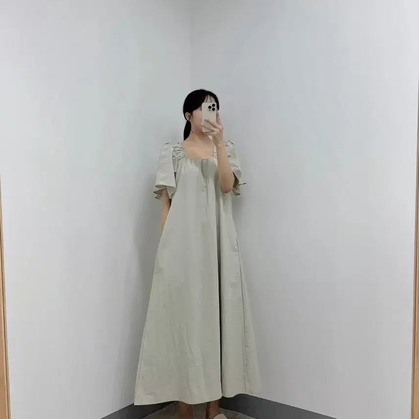 [BUNJANG] Square Neck Shirring Wing Sleeve Long Dress (Plus Size, Maternity Friendly) / 새상품 시원한 스퀘어넥 셔링 날개 반팔 롱 원피스 빅사이즈 임부복 가능