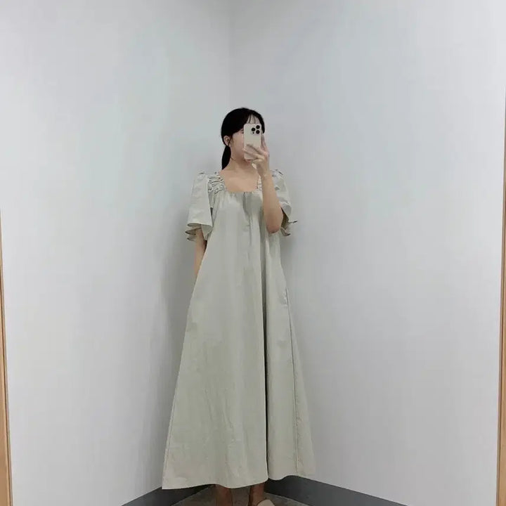 [BUNJANG] Square Neck Shirring Wing Sleeve Long Dress (Plus Size, Maternity Friendly) / 새상품 시원한 스퀘어넥 셔링 날개 반팔 롱 원피스 빅사이즈 임부복 가능