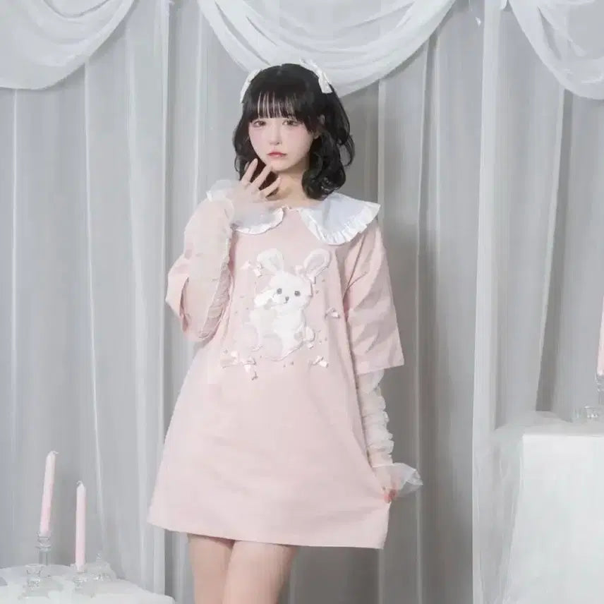[BUNJANG] Honey Cinnamon Usagi Ribbon Oversized T-shirt Dress / 허니시나몬 우사기 리본 토끼 오버핏 티셔츠 원피스 리즈리사 양산형 지뢰계