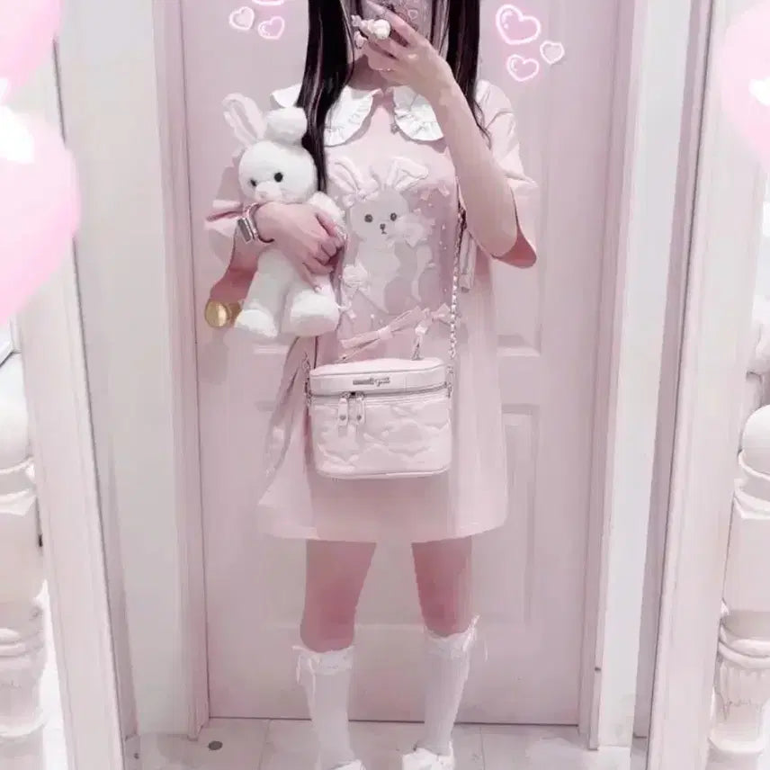[BUNJANG] Honey Cinnamon Usagi Ribbon Oversized T-shirt Dress / 허니시나몬 우사기 리본 토끼 오버핏 티셔츠 원피스 리즈리사 양산형 지뢰계