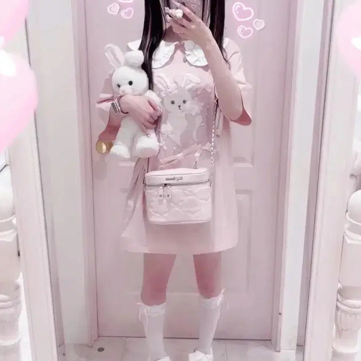 [BUNJANG] Honey Cinnamon Usagi Ribbon Oversized T-shirt Dress / 허니시나몬 우사기 리본 토끼 오버핏 티셔츠 원피스 리즈리사 양산형 지뢰계