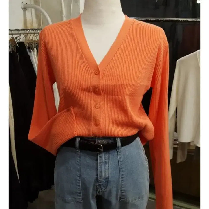 [BUNJANG] Fine Ribbed Long Sleeve V-Neck Cardigan - Salmon Orange / 잔골지 긴팔 브이넥 가디건 살몬 오렌지