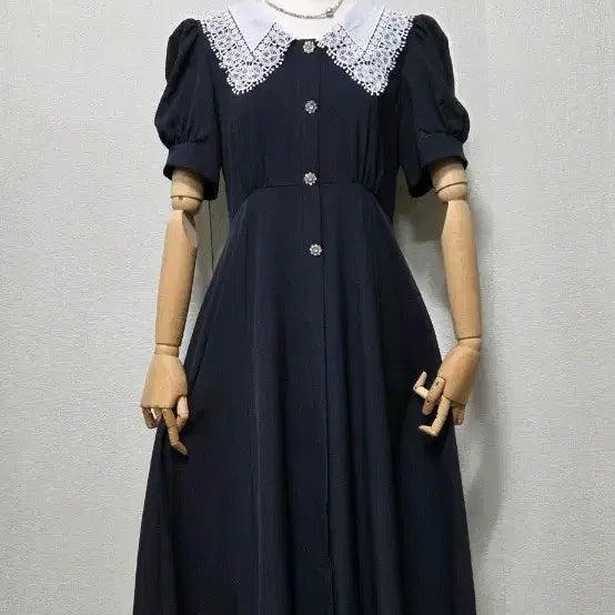 [BUNJANG] Navy Flare Dress with Lace Collar / 레이스 칼라 네이비 플레어 원피스