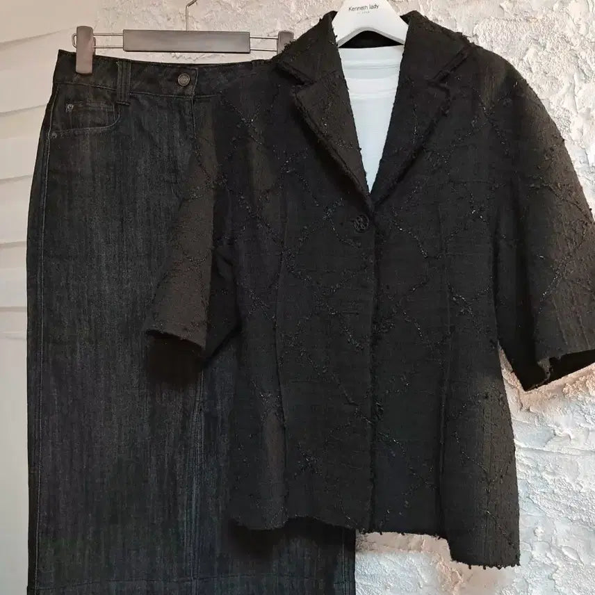 [BUNJANG] Tweed Jacket &amp; Denim Skirt Set (Sizes 55-66) / 2종셋업(55~66) 펄감있는 트위트자켓/ 데님롱스커트 셋업