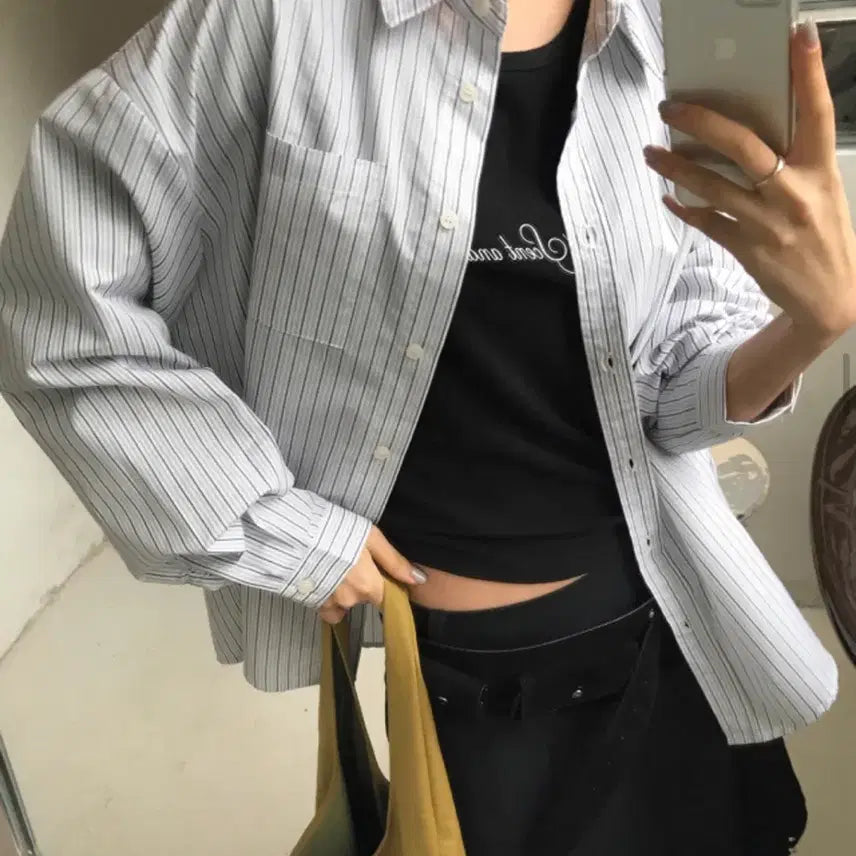 [BUNJANG] Baye Deli Oa Stripe Lettering Oversized Shirt Ivory / 새상품) 베이델리 오아 스트라이프 레터링 오버핏 셔츠 아이보리