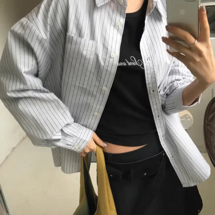 [BUNJANG] Baye Deli Oa Stripe Lettering Oversized Shirt Ivory / 새상품) 베이델리 오아 스트라이프 레터링 오버핏 셔츠 아이보리