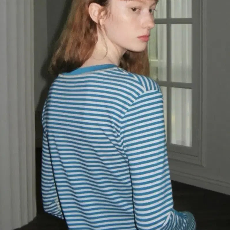 [BUNJANG] Sino Logo Stripe Long Sleeve Turkish Blue / 시눈 로고 스트라이프 롱 슬리브 (Turkish Blue)