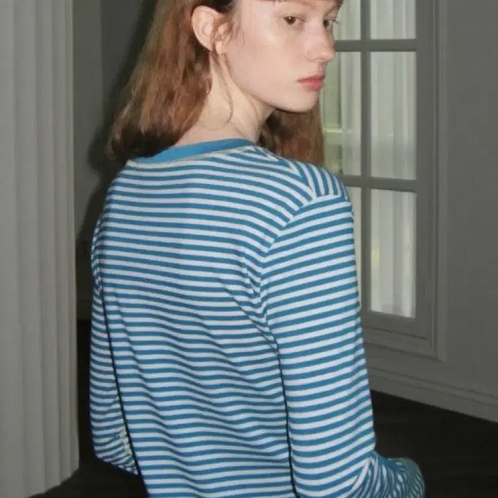 [BUNJANG] Sino Logo Stripe Long Sleeve Turkish Blue / 시눈 로고 스트라이프 롱 슬리브 (Turkish Blue)
