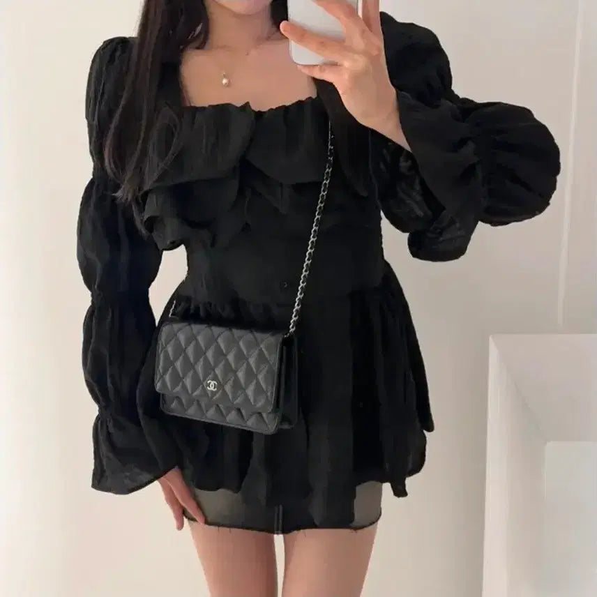 [BUNJANG] Black Puff Frill Chiffon Blouse / 
