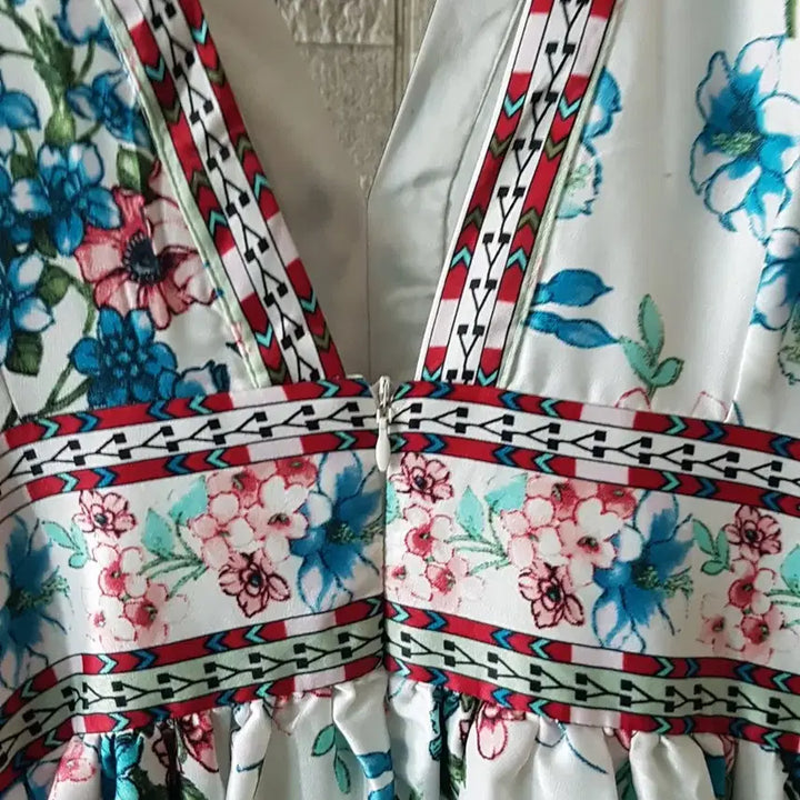 [BUNJANG] Synsden Flower Long Dress / 신스덴 플라워 롱 원피스 V넥 반팔