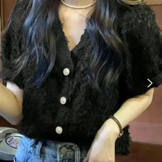 [BUNJANG] Black Pearl Button Blouse / 블랙 펄 버튼 블라우스