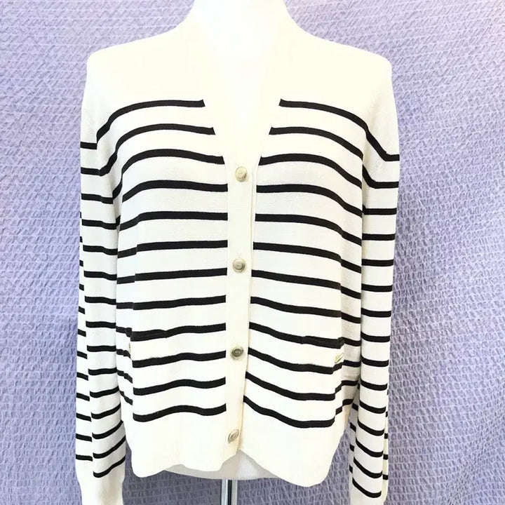 [BUNJANG] The Cashmere Stripe Knit Cardigan - Ivory/Black / 쿨거래만 더캐시미어 스트라이프 니트 가디건 85 새상품 택부착