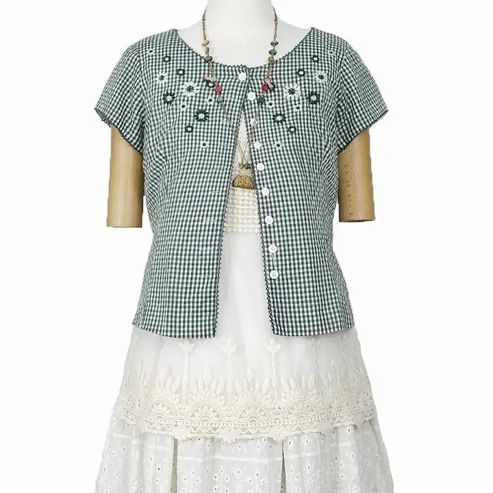 [BUNJANG] Vintage Floral Embroidery Cap Sleeve Cropped Check Shirt / 일본빈티지 꽃자수잔체크 캡소매 숏남방반팔셔츠티 모리걸하구미룩갸루y2k히피